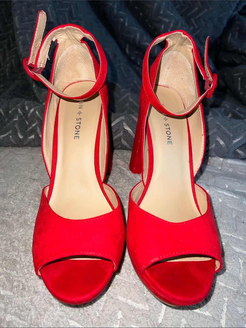 Sun and Stone Red Suede Ankle-Strap Heels